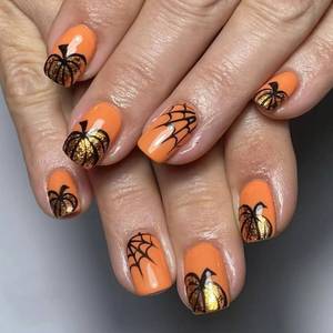 lot 60299 image: 24pcs Halloween Orange Press-on Short Square Fake Nails with Gold Glitter Pumpkin Design - Full Cover False Nails