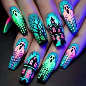 lot 60300 image: QQPPOLIU Halloween Press on Nails Long Coffin Fake Nail with Holiday Design for Women 24pcs Pattern 17