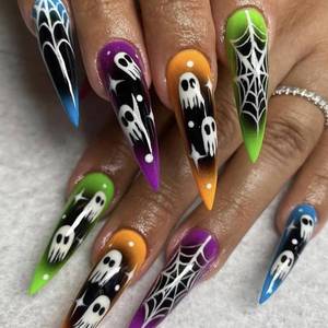 lot 60301 image: 24pcs RIICFDD False Nails Set Colorful Long Almond Nails with Creepy Ghost & Spider Web Pattern - Full Cover Acrylic Nails for Women & Girls