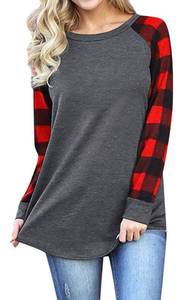 lot 60304 image: Smile Fish Womens Crewneck Raglan Long Sleeve Shirts Buffalo Plaid Relaxed Fit Christmas Top Tees Cotton Blend,Red,L