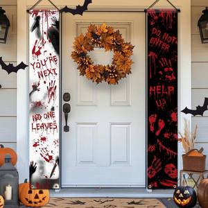 lot 60305 image: Halloween Front Door Banner,Bloody Halloween Decorations Scary Porch Sign No One Leaves Spooky Door Hanging Banner Handprints Porch Banner For Halloween Door Decorations Outdoor
