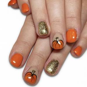 lot 60307 image: Halloween Press on Nails Short Square Fake Nails, Orange Press on Nails with Gold Glitter Pumpkin Designs Halloween Glue on Nails Full Cover False Nails Halloween Nails for Women 24Pcs