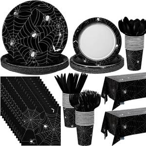 lot 60315 image: LemonRoad Black Spider Web Tableware for Halloween Paper Plate and  Napkin  Tablecloth for Halloween Birthday Favor