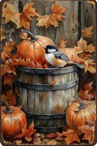 lot 60325 image: CCPARTON Metal Sign Autumn Sparrows Pumpkin Signs Vintage Tin Sign For Home Kitchen Garden Yard Office Decor 8x12 Inch