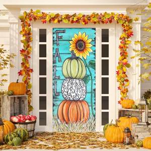 lot 60338 image: Fall Door Cover Fall Decorations for Home Large Fabric Door Decorations for Front Door Porch Sign Outdoor Autumn Home Decor