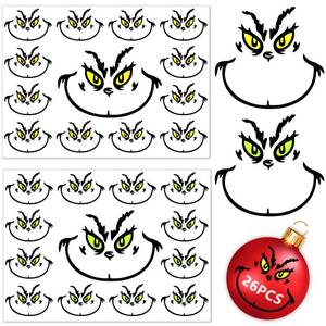 lot 60345 image: 26 PCS Christmas Decorations Stickers, Yellow and Green Eyes Face Decals for Ornaments, Waterproof Vinyl Sticker for The Home, Christmas Balls, Party Supplies, Water Bottles