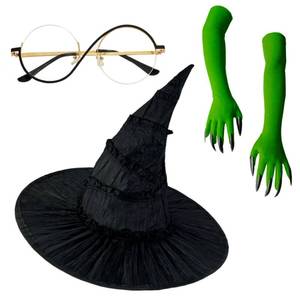 lot 60353 image: LMLVHH Halloween Witch Costume Set, Witch Hat, Green Claw Gloves & Glasses - 4pcs Dress-Up Kit for Cosplay & Party Fun