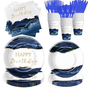 lot 7902 image: Srua Don Navy Blue and Gold Agate Birthday Party Decorations Tableware, Elegant Blue Marble Party Supplies, Disposable Paper Plate, Cup, Napkin, Cutlery, for Birthday, Baby Shower, Serves 24