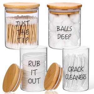 lot 7908 image: Fixwal 4 Pack Qtip Holder Glass Dispenser, Apothecary Jars with Bamboo Lids and Labels for Bathroom Storage Organizer (10&12oz)