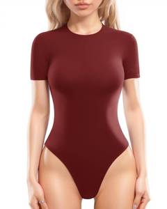 lot 7909 image: MANGOPOP Women Short Sleeve Thong Bodysuit Top Burgundy XXL