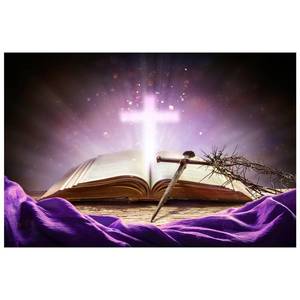 lot 7912 image: Caheansi 7x5 ft Holy Bible Cross Backdrop Easter Purple Holy Light Glowing Crucifix Crown of Thorns God Belief Jesus Christ Biblical Background Christian Church Sanctuary Decorations Photo Props - Retail $21