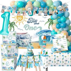 lot 7914 image: Aribra Surf First Birthday Party Supplies Boy, Summer Hawaiian Beach Surfing The Big One Birthday Decorations, Balloon Boxes, Backdrop, Banner, Balloon arch, Tablecloth, Highchair Banner