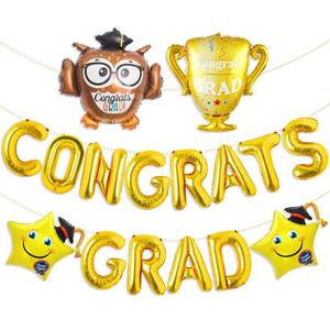 lot 7924 image: Stcomart 16 Inch Congrats Grad Banner Balloons Kit Contains Congrats Graduation Cap Star Balloon, Owl Trophy Foil Balloons for Graduation Balloons Class of 2024 Party Decorations Supplies, Gold