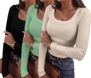 lot 7934 image: Ryaiwi Womens White Casual Long Sleeve Stretch Scoop Neck Basic Ribbed T-Shirt Slim Fit Casual Basic Tops S-XXL White