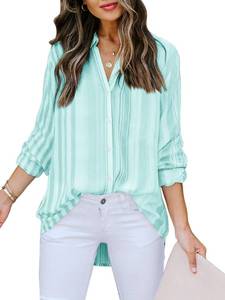 lot 7943 image: Mutitop Womens Button Down Shirts Striped Dress Shirts Long Sleeve Textured Blouse Collared Work Office Top Casual Tunic - Light Green Strip 2XL