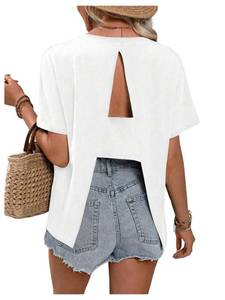 lot 7972 image: RoseSeek Womens Asymmetrical Cut Out Slit Back Tee Tops Short Sleeve Crew Neck Solid T Shirt White - Large