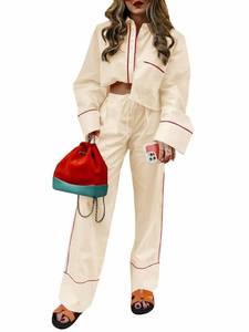 lot 7989 image: Fisoew Womens 2 Piece Fall Outfits Long Sleeve Cropped Button Down Shirt and Wide Leg Pants Going Out Matching Lounge Sets - S