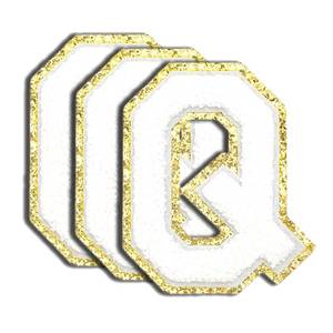 lot 7998 image: 3Pcs White Chenille Iron on Letters Patches, Large Size 4.5 Varsity Letters Patches for Team Uniform Sports T Shirt Jeans Backpacks - Golden Border Q