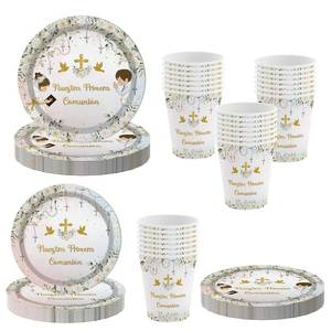 lot 8011 image: MEHOFOND 192Pcs Nuestra Primera Comuni�n Baptism Decorations for 48 Guest First Holy Communion Party Tableware Set Christening God Bless Paper Plates for Mi Bautizo Baby Shower Decor Party Supplies