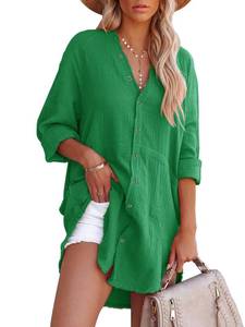 lot 8016 image: siliteelon Womens Button Down Shirt Dresses with Pockets Cotton Button Up Tunics Long Sleeve V Neck Solid Frayed Blouse Tops - Kelly Green XS