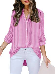 lot 8020 image: Mutitop Womens Button Down Shirts Striped Dress Shirts Long Sleeve Textured Blouse Collared Work Office Top Casual Tunic - Hot Pink Strip L