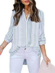 lot 8021 image: Mutitop Womens Button Down Shirts Striped Dress Shirts Long Sleeve Textured Blouse Collared Work Office Top Casual Tunic - Light Blue Strip S