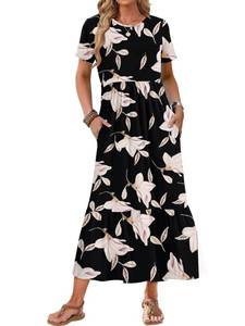 lot 8031 image: AUSELILY Womens Summer Dresses 2025 Short Sleeve Maxi Dress Crewneck Casual Sundresses with Pockets, Morning Glory S - Retail $24