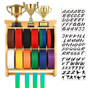 lot 8213 image: Tilhumt 12 Belts Karate Belt Display Rack with Trophy and Medal Display Rack, Taekwondo Belt Display Rack with Stickers, Martial Arts Belt Display for Kids and Adults - Retail $60