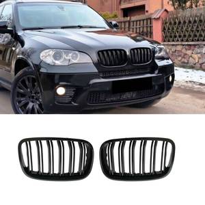 lot 8223 image: KHK Front Grill Compatible with BMW X5 E70 X6 E71 2007-2014, Gloss Black ABS Automotive Replacement Double Slats Kidney Front Grille Upgrade Grille
