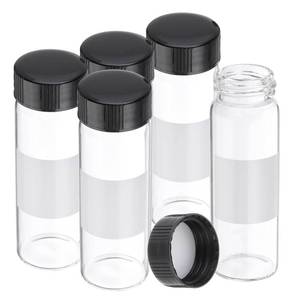 lot 8242 image: PATIKIL Small Glass Sample Bottles with Lids, 5 Pcs 30ml Clear Glass Vials with Black Screw Caps Mini Leak Proof Reagent Sealed Bottles with Writing Label for Solid Liquid Powder Storage