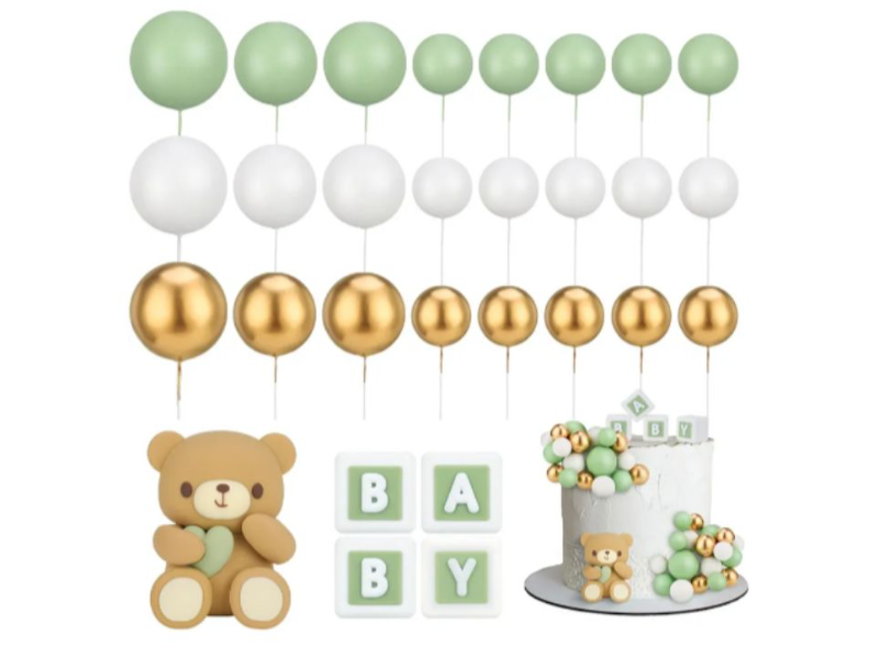 lot 4676 image: 29 Pcs Ball Cake Toppers Bear Cake Decorations with Cute Bear BABY Letter Green Gold White Foam Balloon for Baby Shower Girl Boy (Green)