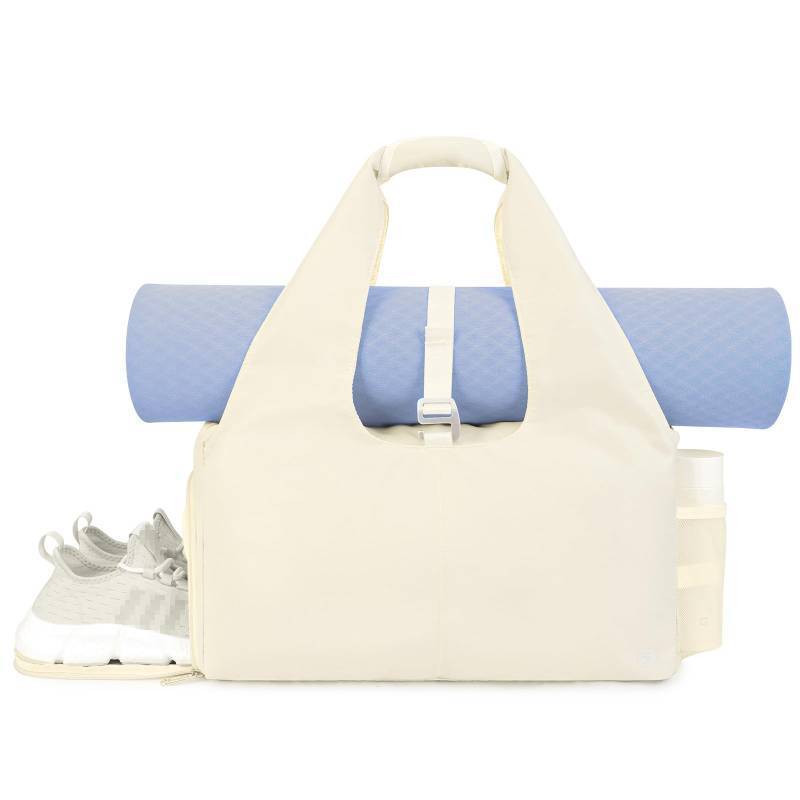 lot 4809 image: sportsnew Yoga Gym Bags for Women with Shoes Compartment and Wet Dry Storage Pockets with Adjustable Yoga Mat Holder, Beige, Patent Pending