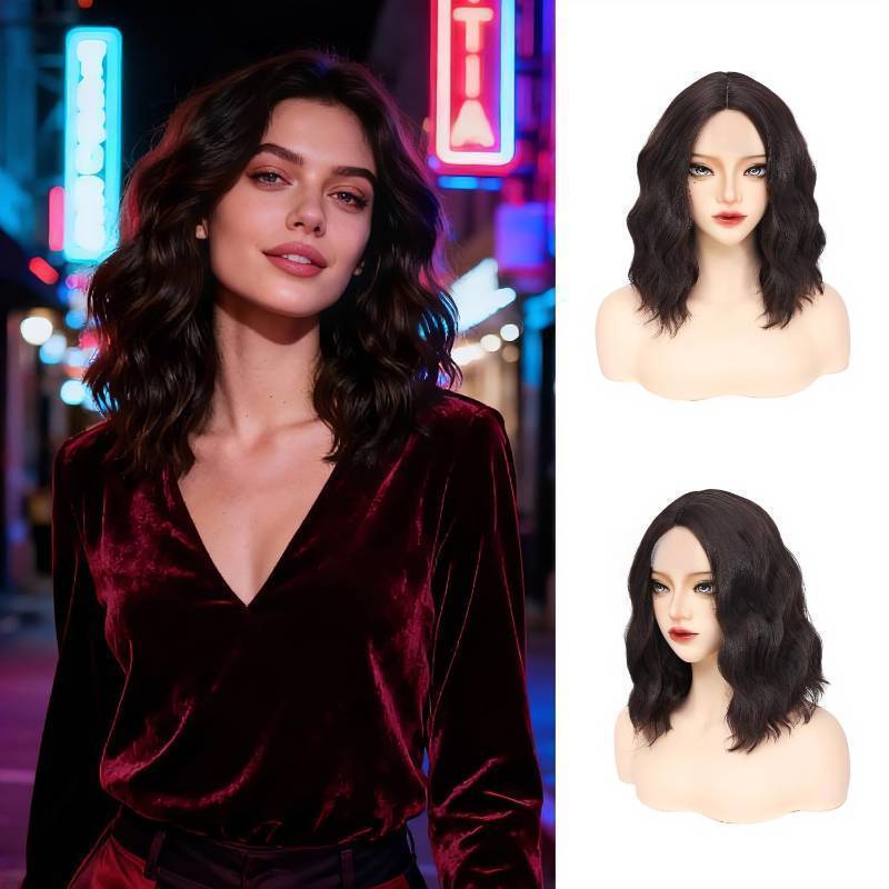 lot 4820 image: GUOJIAN Chocolate Brown Bob Wig 14 Inch Short Wavy Curly Shoulder Length Wig for Women Middle Part Natural Looking Heat Resistant Synthetic Wigs for Daily Party Use