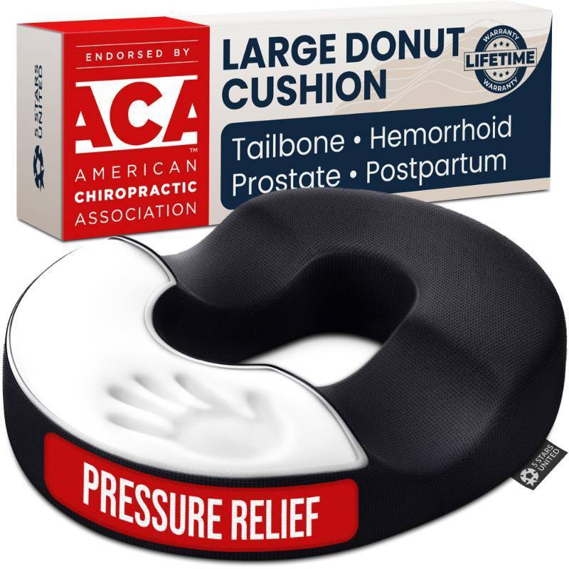 lot 18982 image: 5 STARS UNITED Donut Pillow for Tailbone Pain & Hemorrhoids - Large Memory Foam Floor Cushion for Pressure Relief -  Prostate, Postpartum & Pregnancy Support, Black Mesh Cover - Retail $35