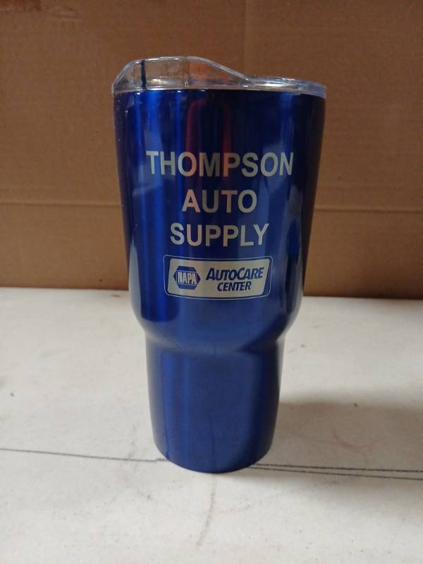 lot 18955 image: 30 Oz Double Walled Stainless Steel Tumbler wSliding Lid - Vacuum Insulated Copper Lined (Keeps HOTCold for 812 Hours) for Travel, Coffee, Drinks Napa Advertising Blue with Silver Text