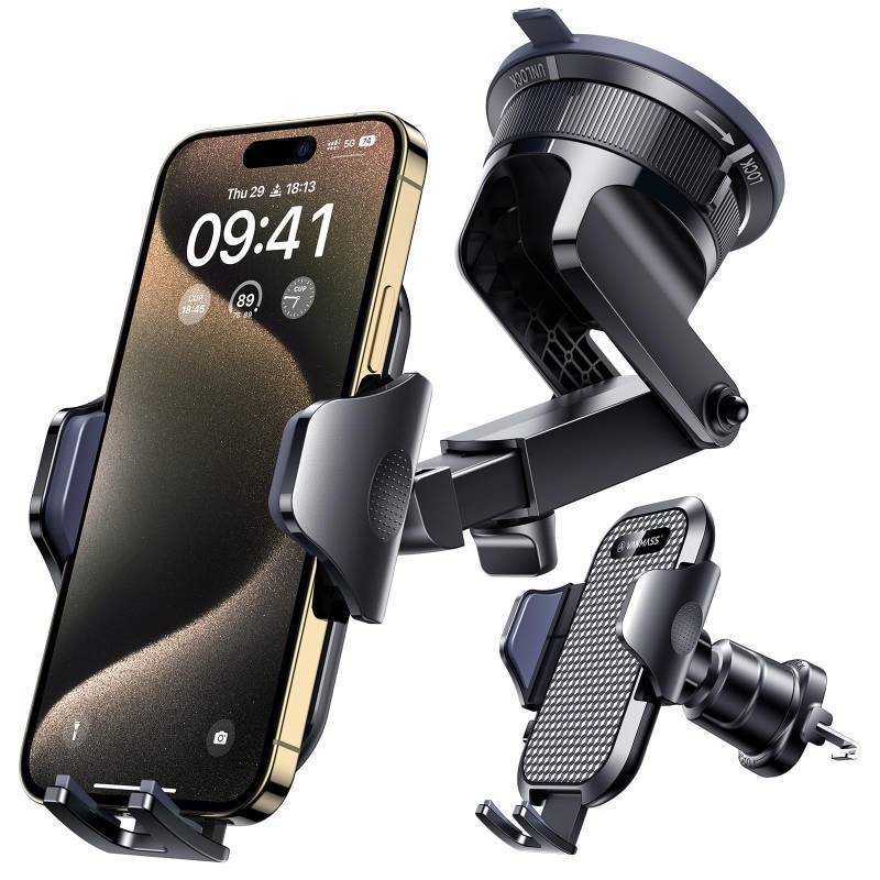 lot 18970 image: True Military-Grade Car Phone Holder VANMASS Upgraded Strongest Suction&Clip Cell Phone Mount for Dashboard Windshield Vent Kit, Truck Cradle Stand for iPhone 17 Pro Max 16 15 14 Android,Ink Black - Retail $26