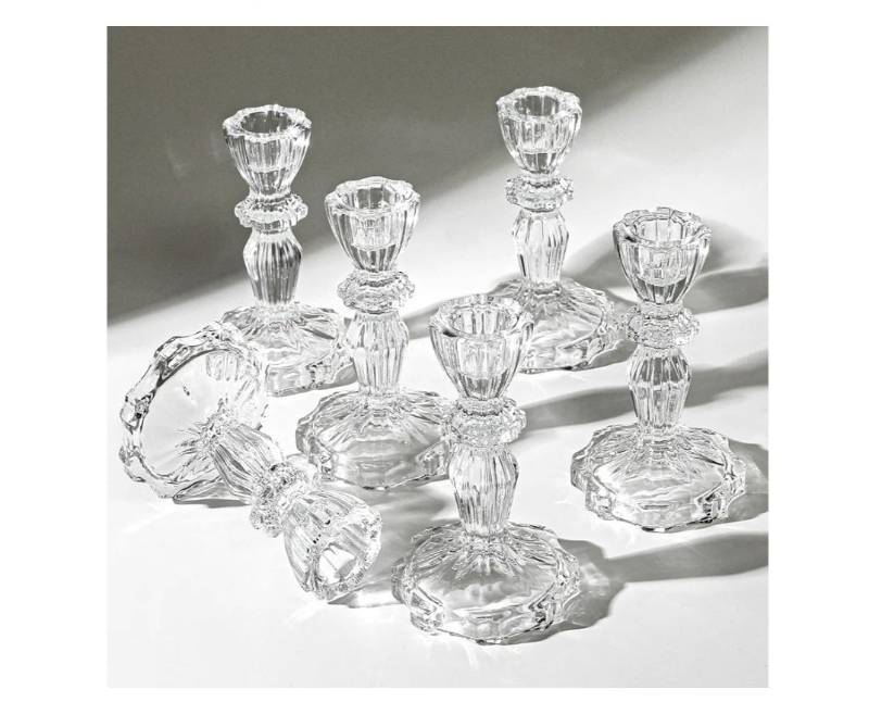 lot 19118 image: 4.33 Tall Glass Candlestick Set of 6 Clear Crystal Candle Holdersfor Glass Taper Holder Decor for Wedding Birthday Party Christmas - Retail $20