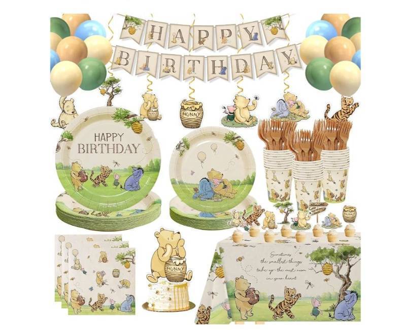 lot 19130 image: 192pcs Winnie Birthday Decorations, Vintage Winnie Bear Plates Napkins Cups Forks Tablecloth Balloons Banner Hanging Swirls Cupcake Toppers for Boy Girl Party Supplies 25 Guests - Retail $30