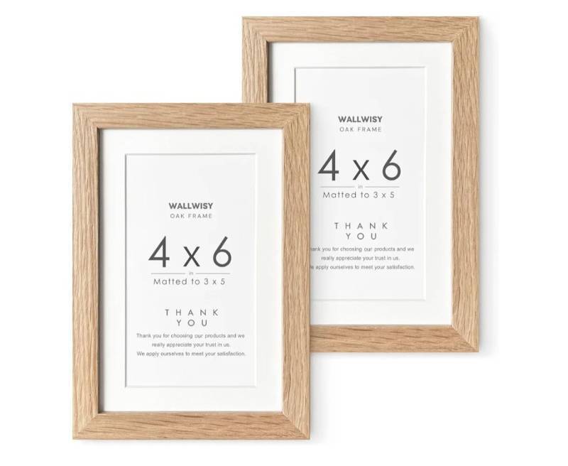 lot 19148 image: 4x6 Picture Frame, Solid Oak Wood 4x6 Frames with Mat to 3x56x4 Natural Oak Frame, Wall and Tabletop Display, Horizontal or Vertical Display, Natural finish, Set of 2