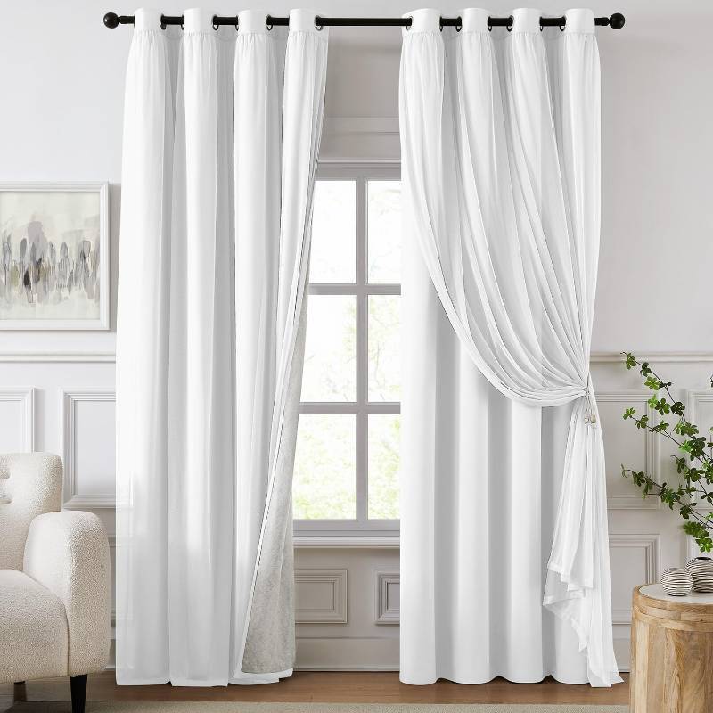 lot 19171 image: Swandream 100% Blackout Curtains for Bedroom, Double Layer White Curtains, Black Out Curtain 96 inch Long with Sheer Overlay for Living Room, Room Darkening Window Drapes with Grommet, 52 W x 96 L - Retail $58