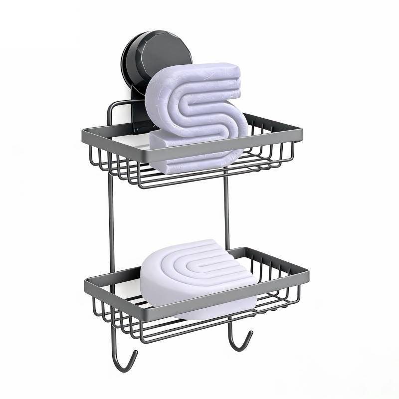 lot 19194 image: Shampoo Bar Holder Compatible with Kitsch, 2-Tier Self-Draining Shower Caddy with Suction Cup, Hanging Shampoo Bar and Conditioner Organizer with 2 Hooks, Rust-Free Bathroom Wall Accessories