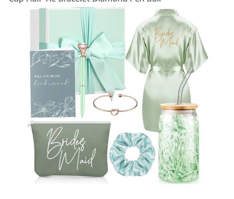 lot 19204 image: FillTouch 54 Pcs Bridesmaid Proposal Gifts, Will You Be My Bridesmaid, Maid of Honor Bride Gifts Include Gift Box Makeup Bag Invited Card Glass Cup Lip Balm Scrunchie Knotted Bracelet(Green, White) - Retail $25