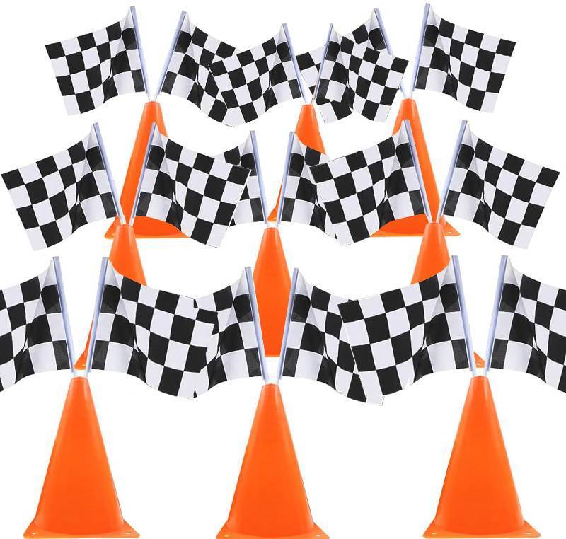 lot 60242 image: YOELVN 9 Pack 7inch Orange Race Cones with Holes on Top,18 Pack Checkered Flags, Racing Car Birthday Party Decorations, Two Fast Centerpieces, Race Cars Themed Party Supplies