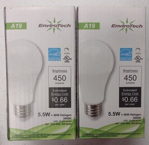 lot 66 image: Envirotech 5.5W A19 LED Bulb 40W Equivalent 450 Lumens 90.66 CRI Pack of 2