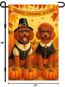 lot 401 image: Happy Thanksgiving Dog Pilgrim Pumpkin Garden Flag 12x18 Inch