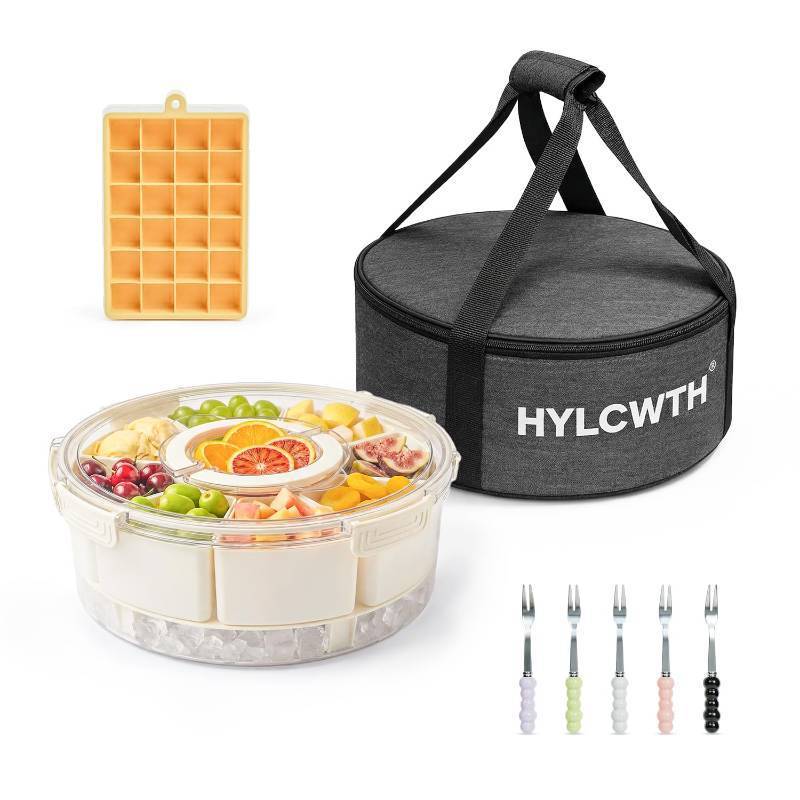lot 38217 image: Divided Serving Tray with Lid and Handle, Rounded Snackle Box with 9 Compartments and Chill Base for Fruits, Candy, Veggie, Travel Snack Container with Portable Insulated Bag & Ice Cube Tray & 5 Forks - Retail $29