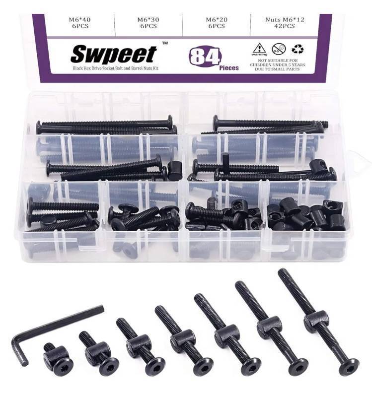 lot 27192 image: 84Pcs Black M6 � 20304050607080mm Crib Hardware Screws Kit, Hex Socket Head Cap Cribs Baby Bed Bolt and Barrel Nuts with 1 x Allen Wrench Perfect for Furniture, Cots, Cribs  - Retail $12