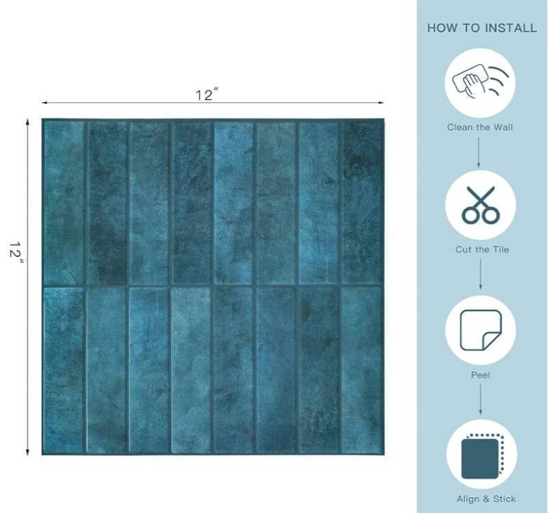 lot 27368 image: 10 Sheet Peel and Stick Backsplash Tile - 12x12 3D Adhesive Peel and Stick Tile Backsplash for Kitchen, Bathroom Wall, deep blue - Retail $33
