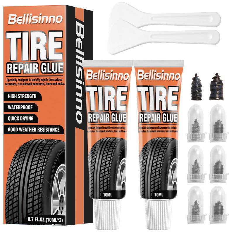 lot 72726 image: Tire Repair Glue, Sidewall Rubber Cement Kit, Two Sizes Nail, Suitable for Bike, Car, Motorcycle, Off-Road, Truck, Tractor, Black, 10ml2 - Retail $7