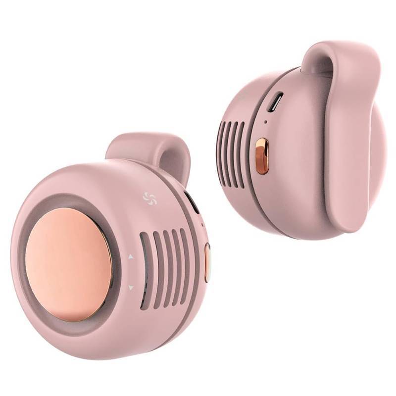lot 72794 image: Portable Silent Clip On Bladeless Fan, Rechargeable Wearable Fan - Hands-Free Waist & Neck Cooling, 3 Speeds, 6H Runtime, USB-C Fast Charge (Pink) - Retail $16